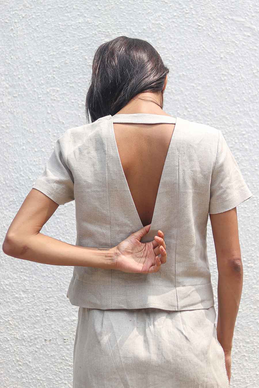 Beige Linen Back Cut-Out Top