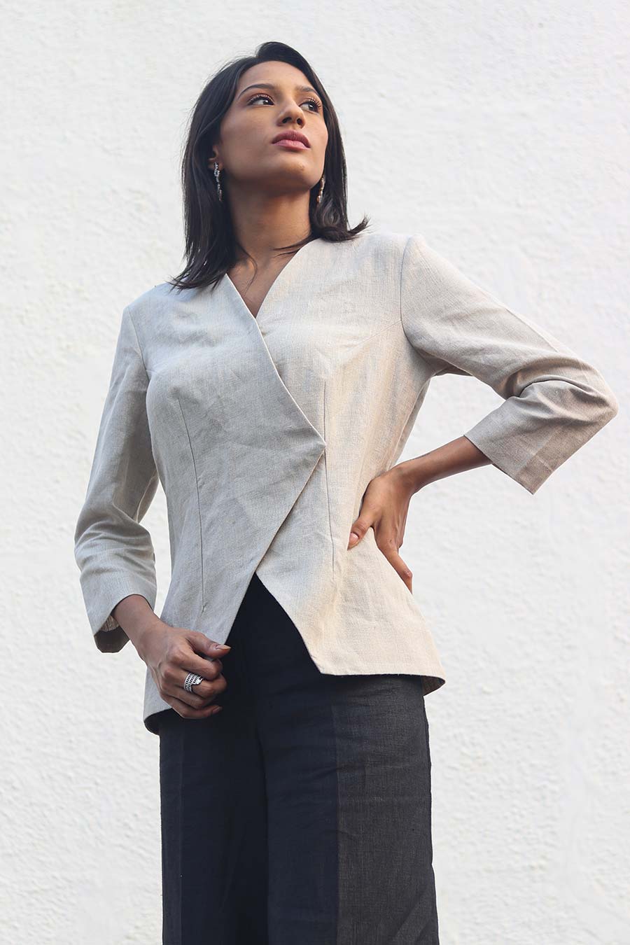 Beige Cross-Over Linen Top