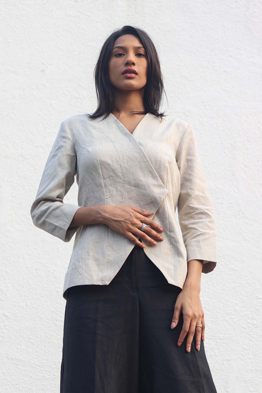 Beige Cross-Over Linen Top