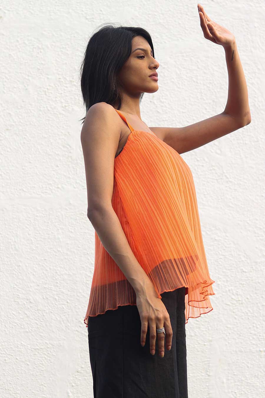 Orange Pleated Organza Top