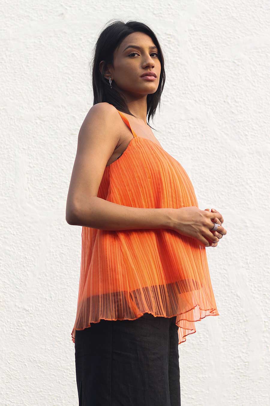 Orange Pleated Organza Top