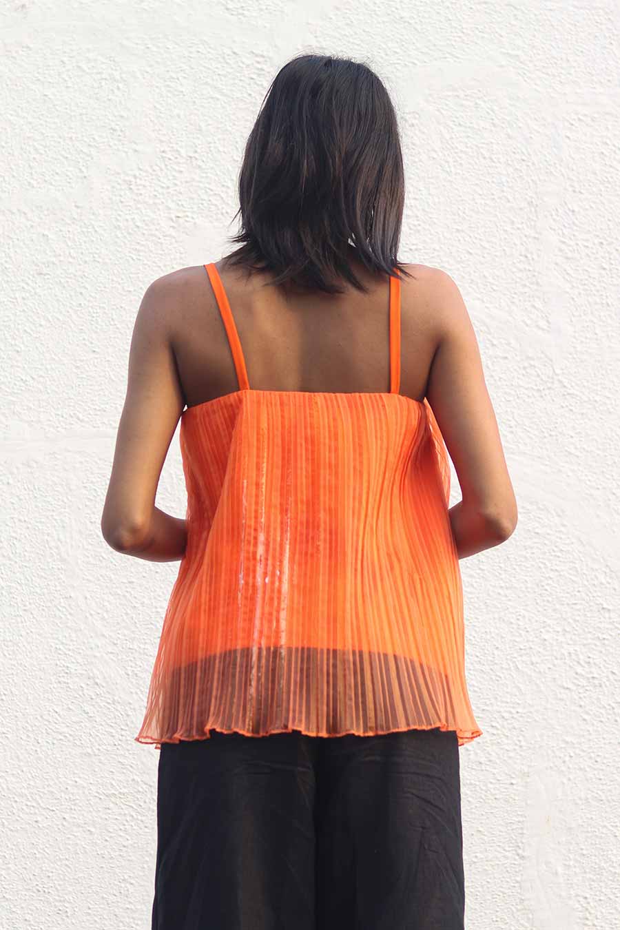 Orange Pleated Organza Top