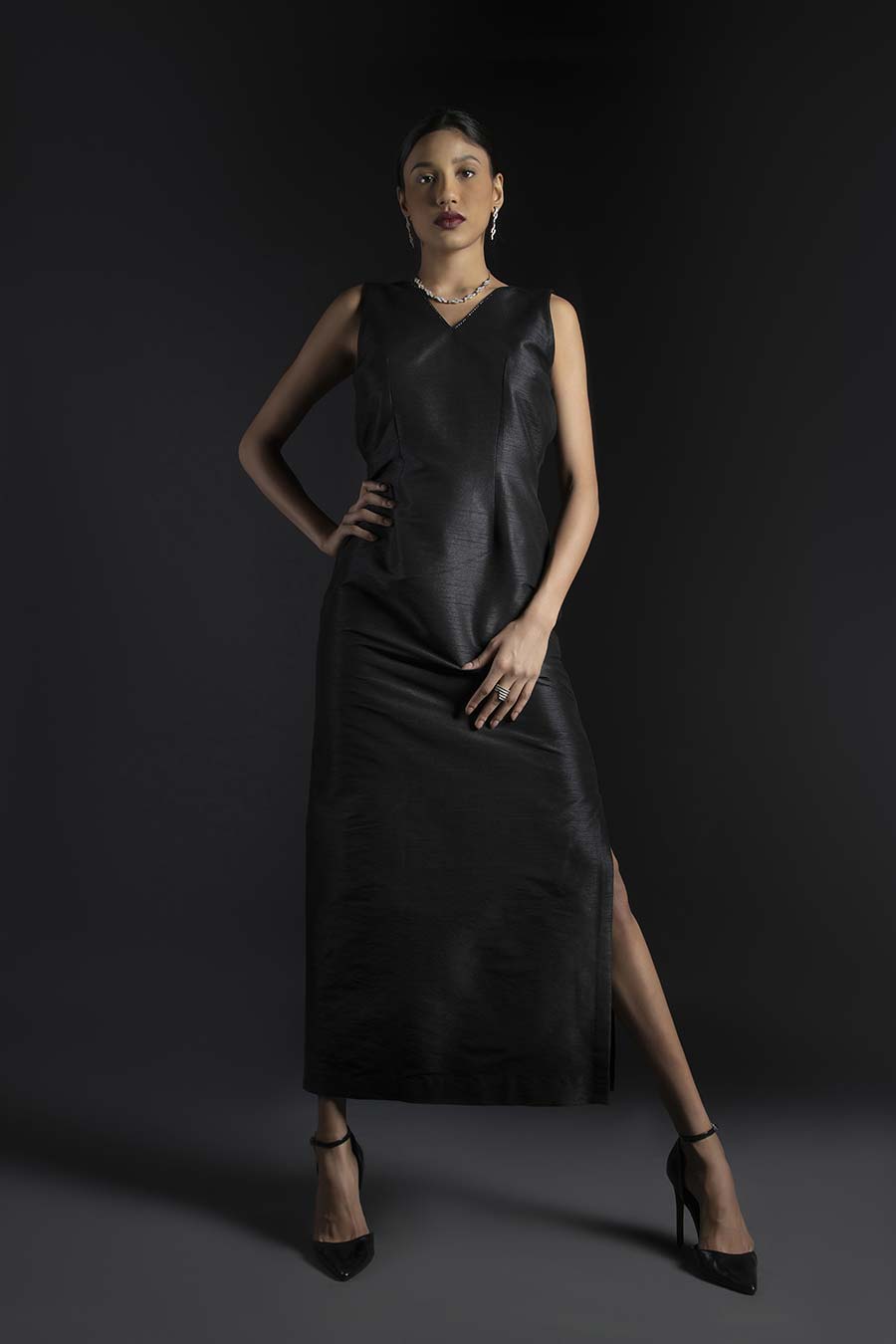 Black Raw Silk Straight Fitted Dress