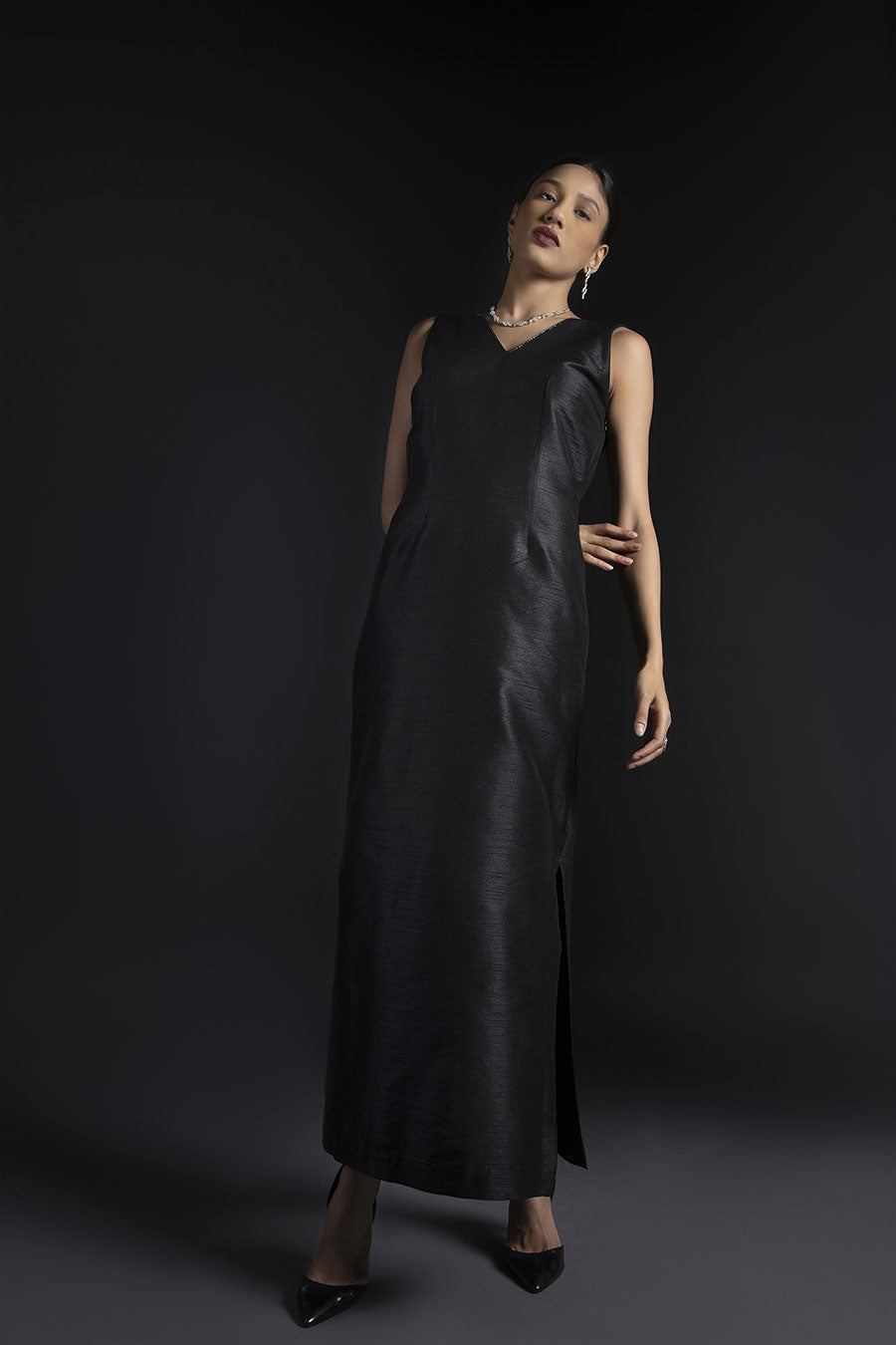 Black Raw Silk Straight Fitted Dress