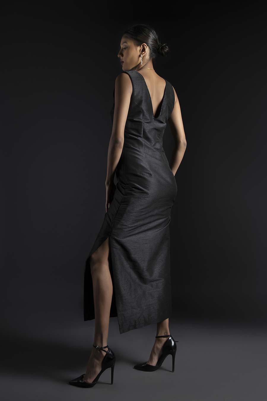 Black Raw Silk Straight Fitted Dress