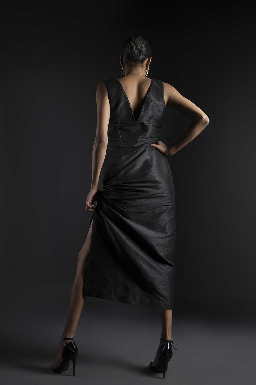 Black Raw Silk Straight Fitted Dress
