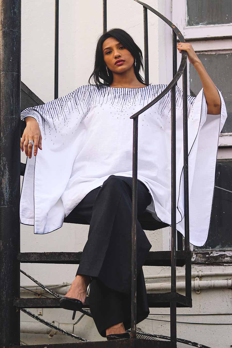 White Linen Embroidered Short Kaftan