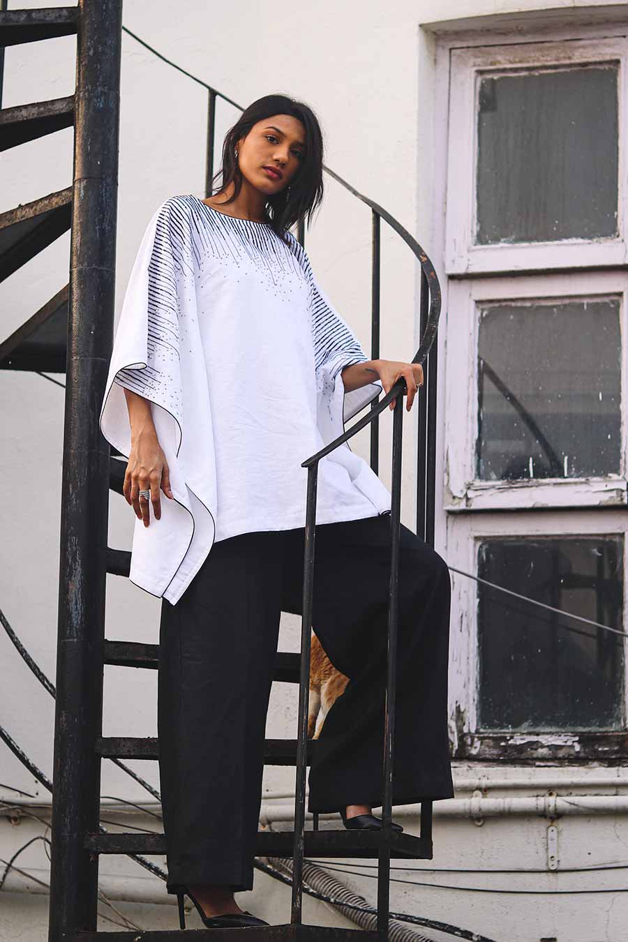 White Linen Embroidered Short Kaftan