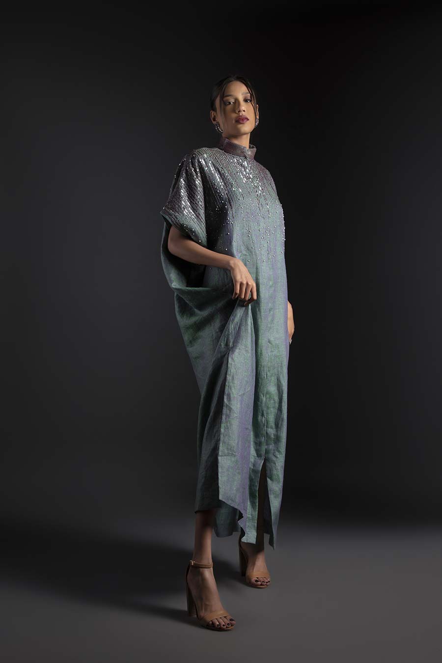 Green Linen Embroidered Full Kaftan