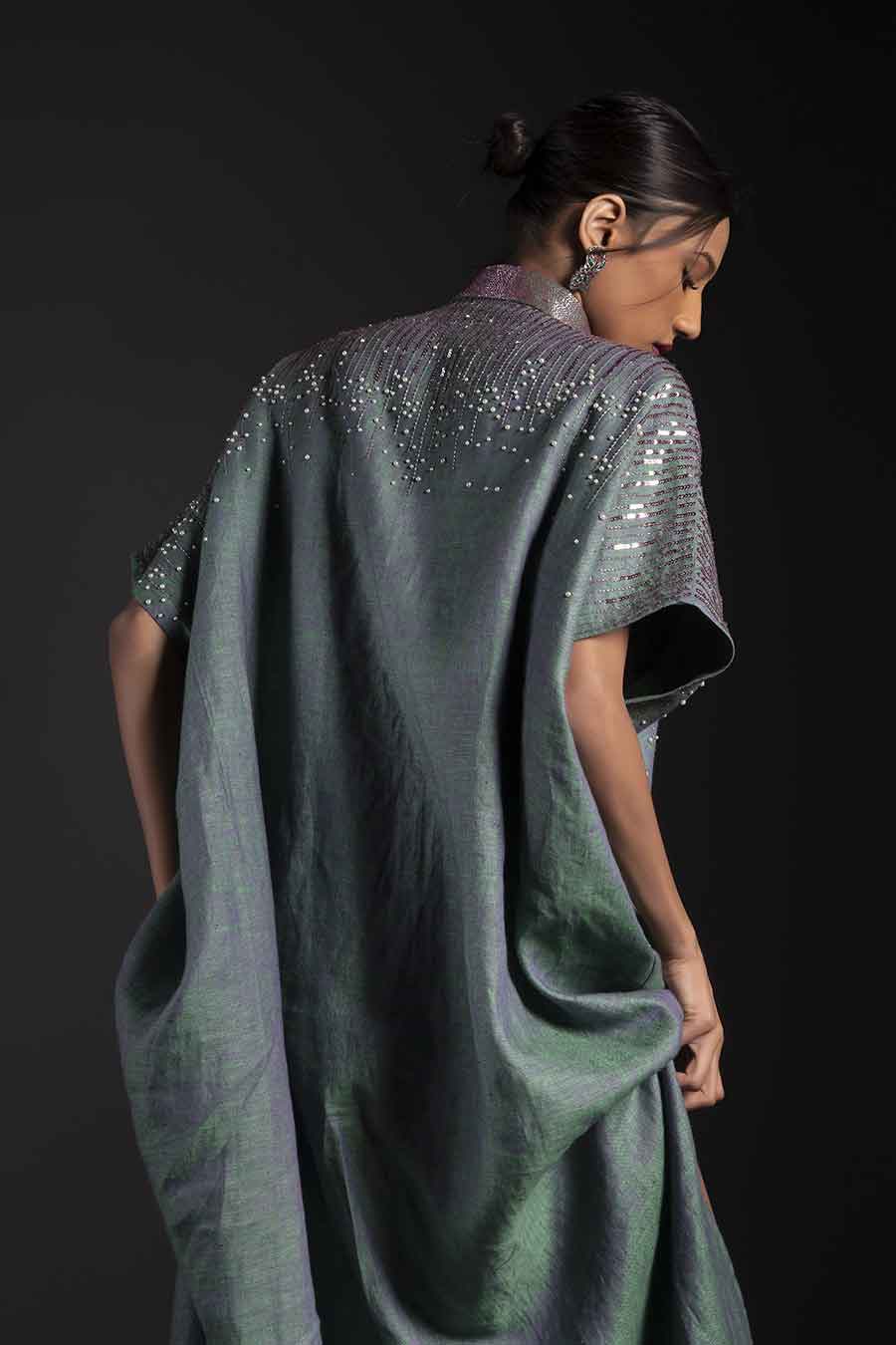 Green Linen Embroidered Full Kaftan