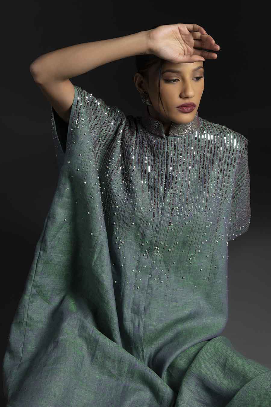 Green Linen Embroidered Full Kaftan