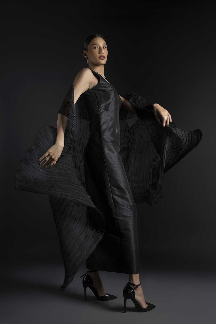 Black Organza Pleated Cape