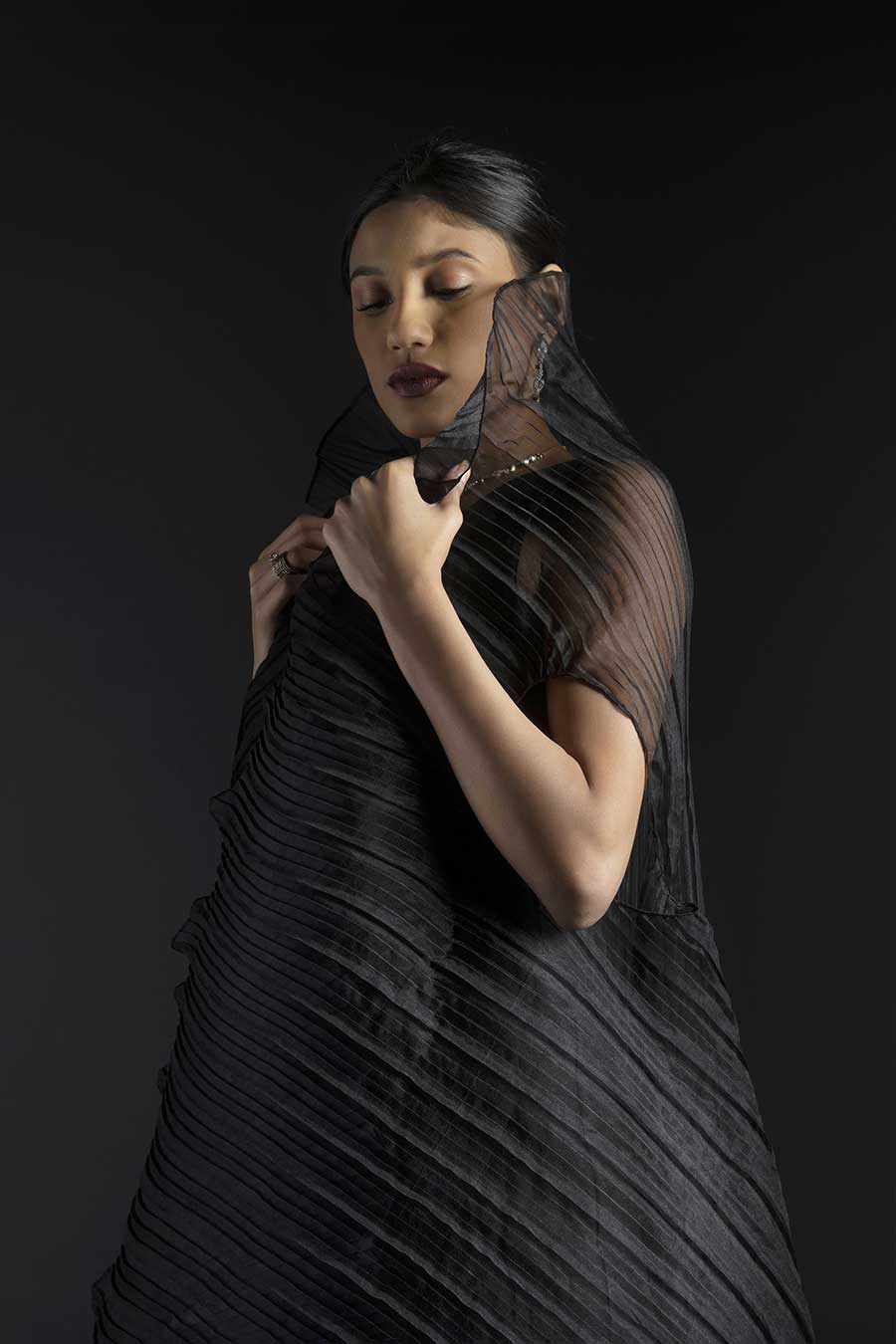 Black Organza Pleated Cape