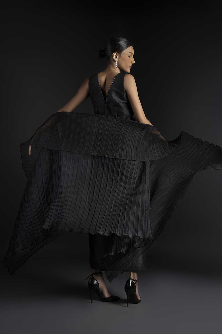 Black Raw Silk Dress & Pleated Cape Set