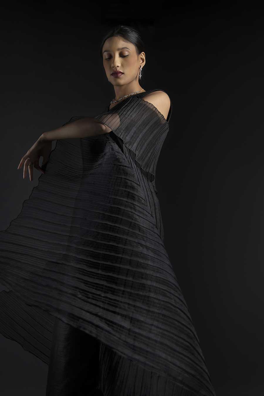 Black Raw Silk Dress & Pleated Cape Set