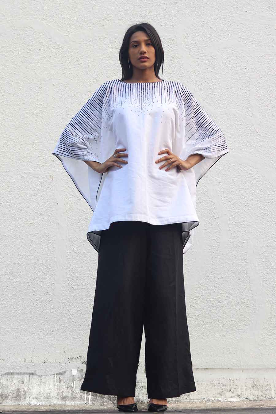 White Embroidered Kaftan & Black Pants Set