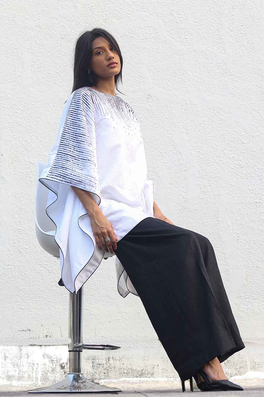 White Embroidered Kaftan & Black Pants Set