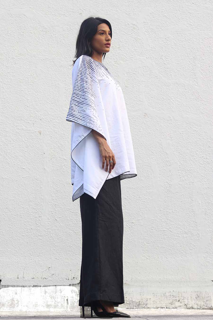 White Embroidered Kaftan & Black Pants Set