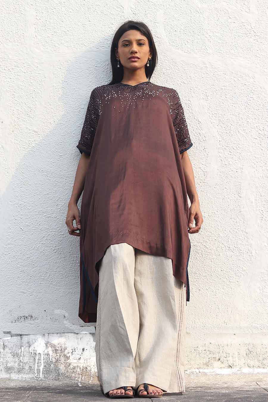 Brown Embroidered Kaftan & Linen Pants Set