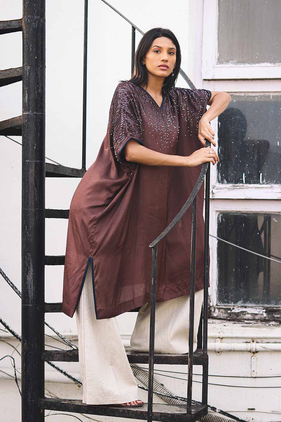 Brown Embroidered Kaftan & Linen Pants Set