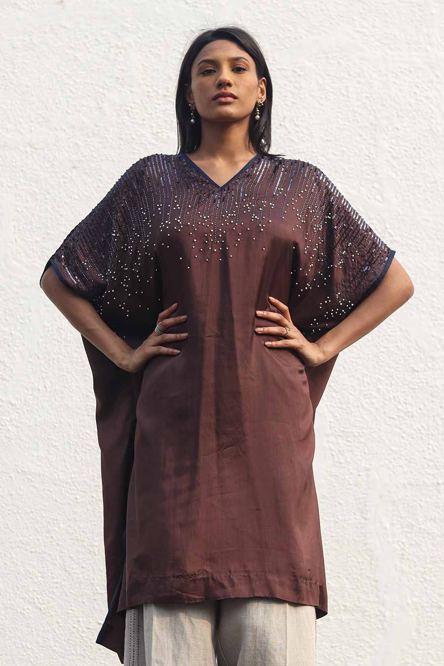 Brown Embroidered Kaftan & Linen Pants Set