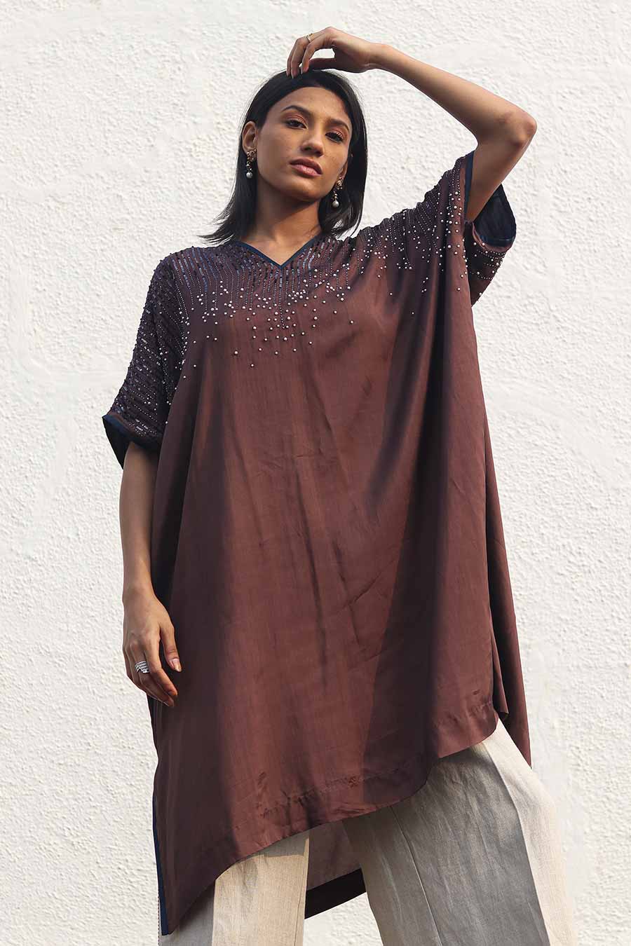 Brown Embroidered Kaftan & Linen Pants Set