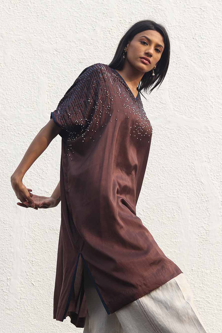 Brown Embroidered Kaftan & Linen Pants Set