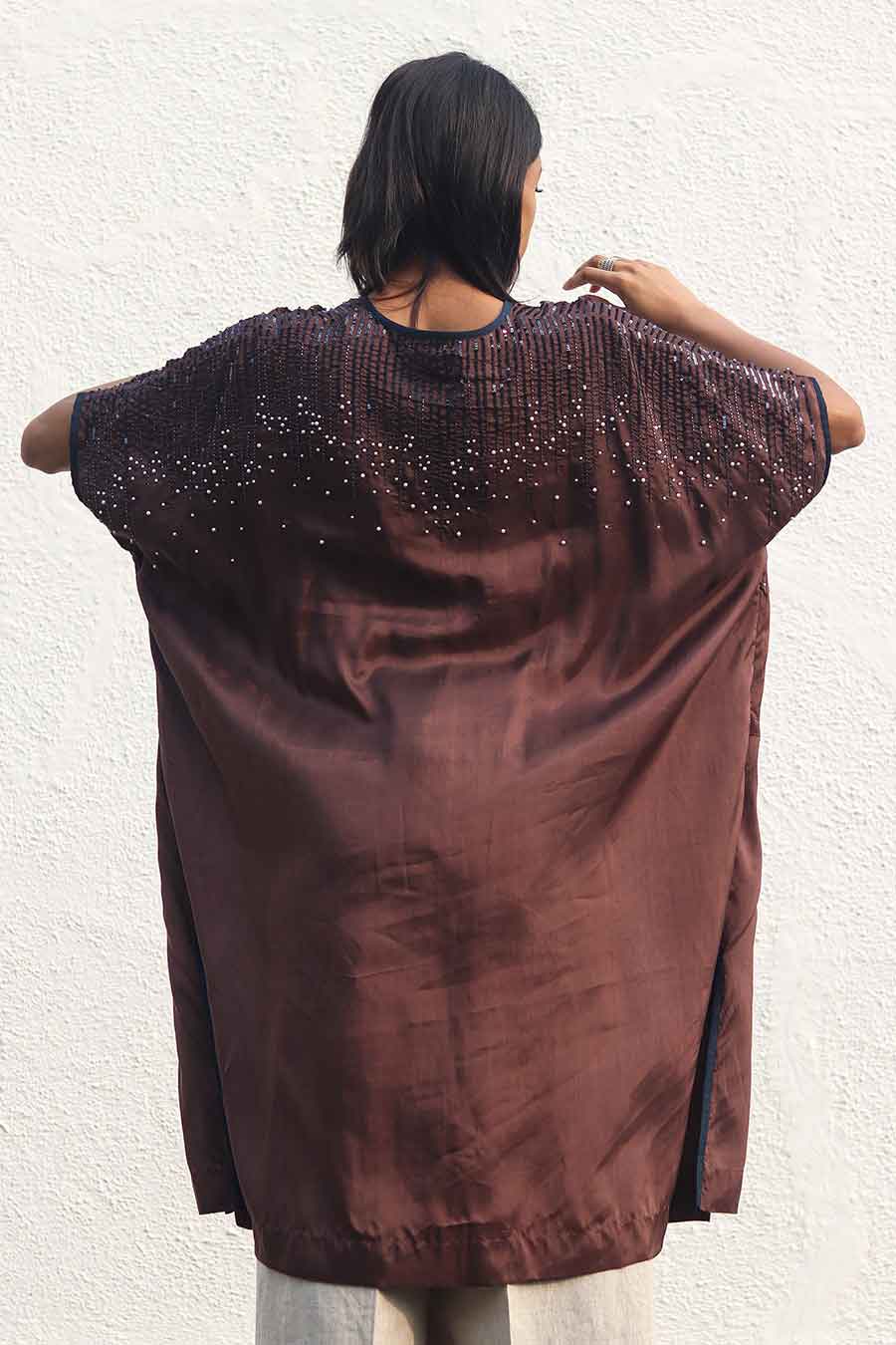 Brown Embroidered Kaftan & Linen Pants Set