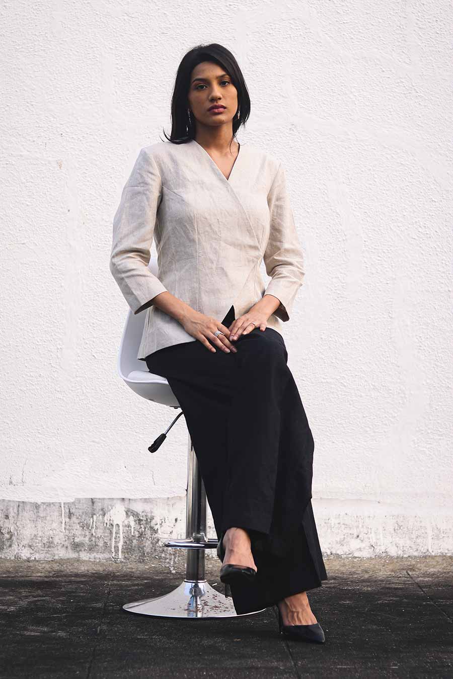 Beige Linen Top & Black Pants Set