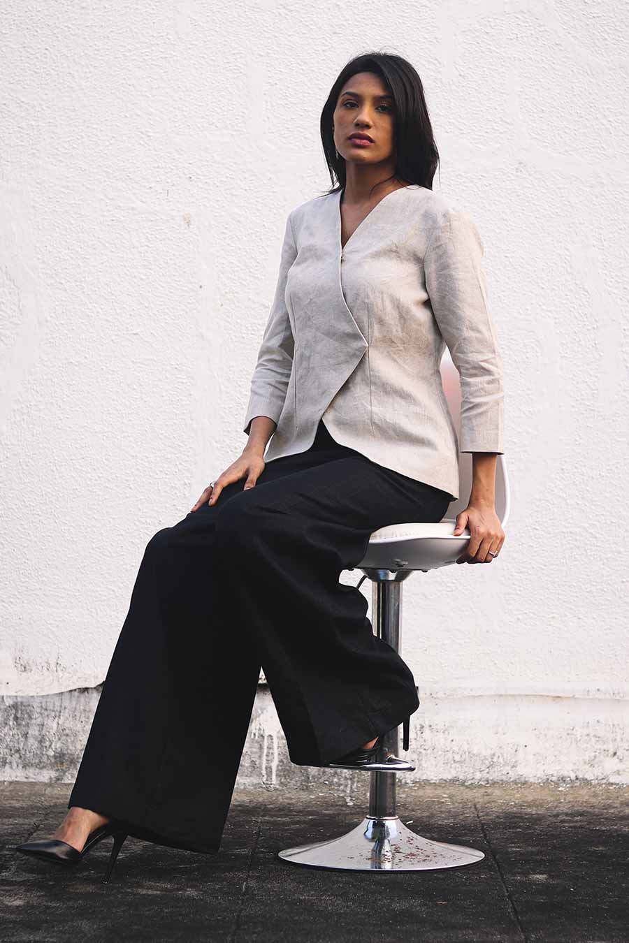 Beige Linen Top & Black Pants Set