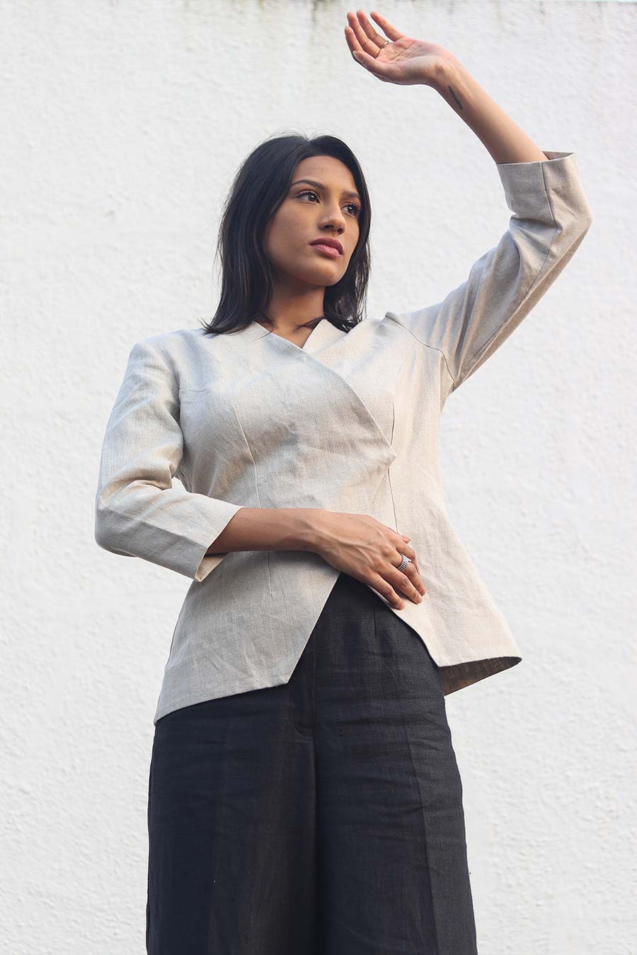 Beige Linen Top & Black Pants Set