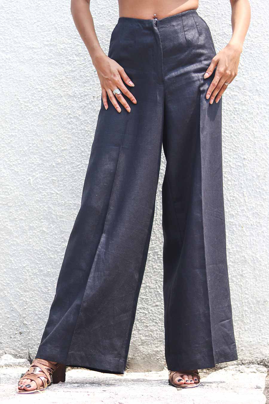 Beige Linen Top & Black Pants Set