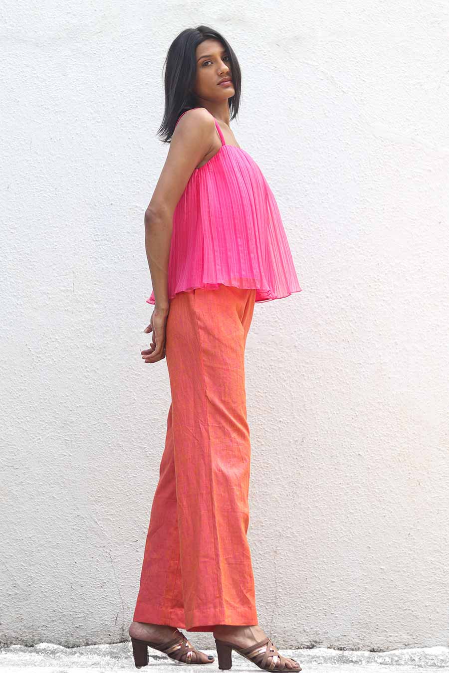 Pink Pleated Top & Saffron Pants Set
