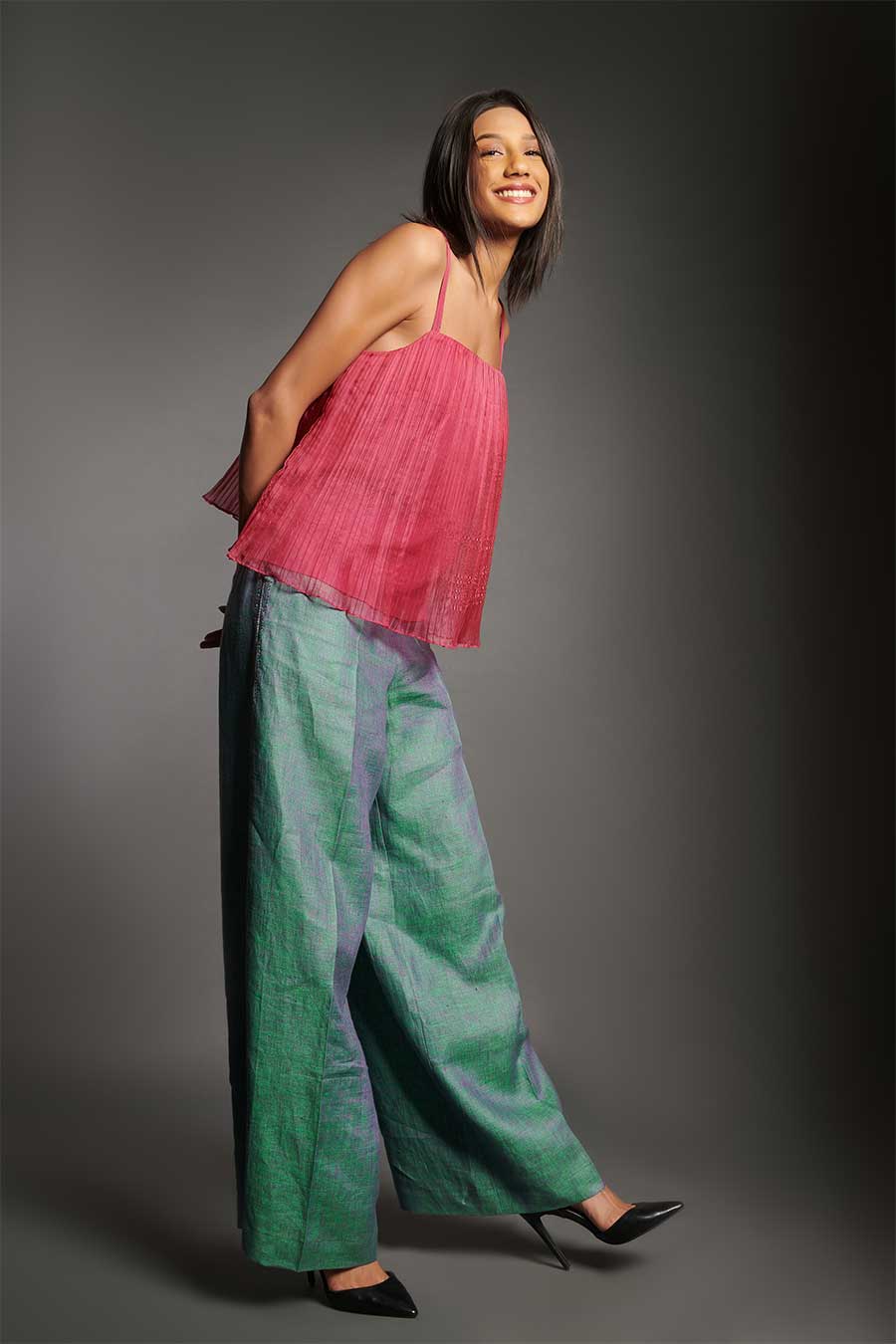 Pleated Organza Top & Linen Pants Set