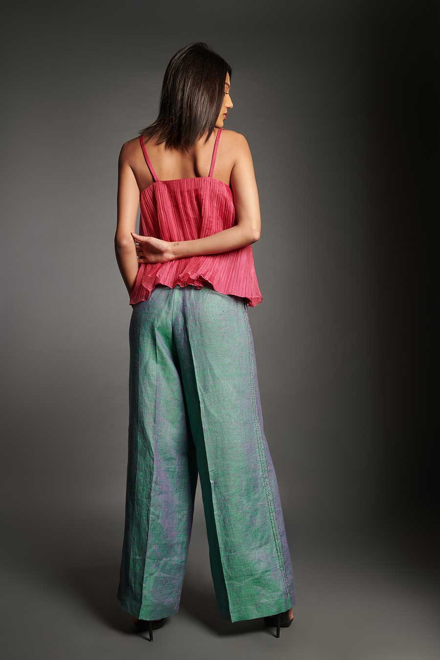 Pleated Organza Top & Linen Pants Set