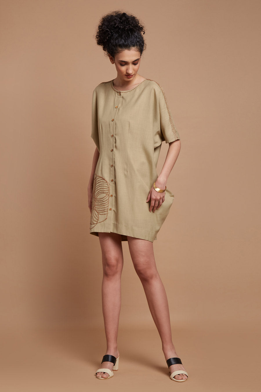 Beige Embroidered Shirt Dress
