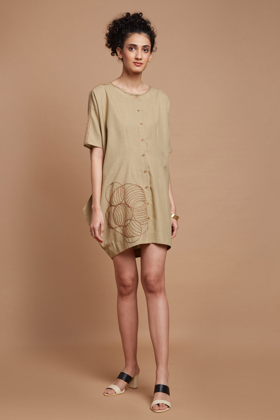 Beige Embroidered Shirt Dress