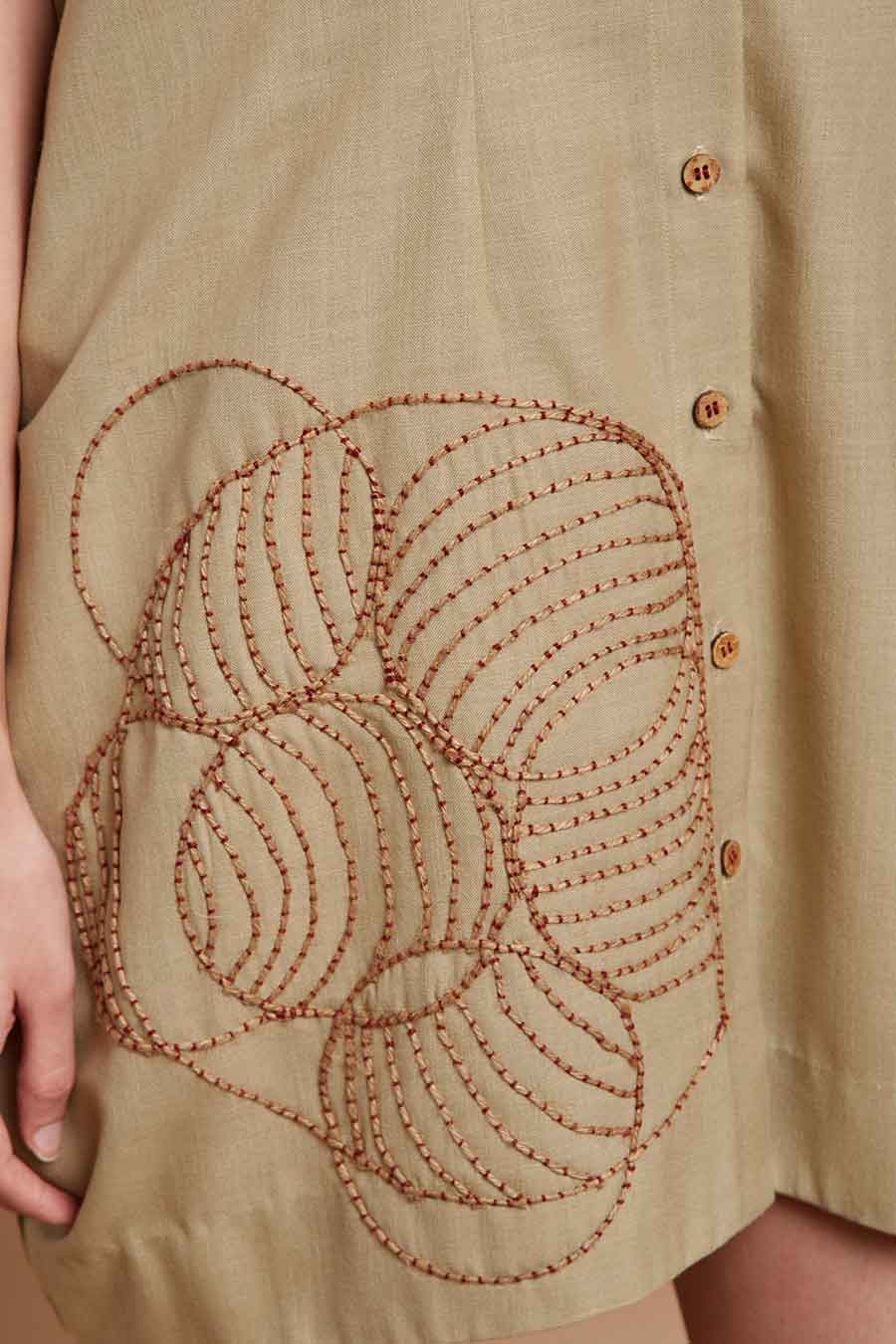 Beige Embroidered Shirt Dress