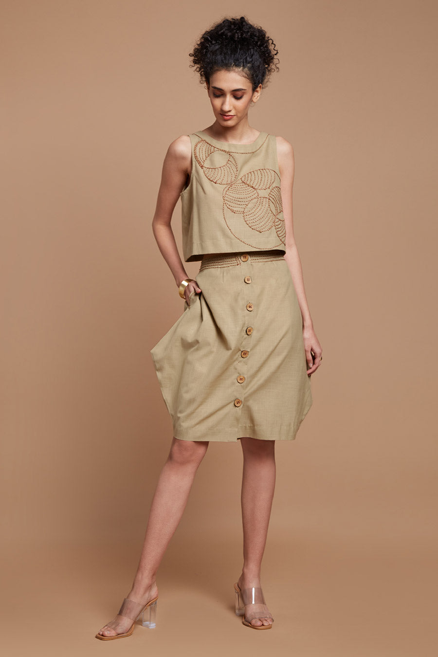 Beige Embroidered Top & Skirt Co-Ord Set