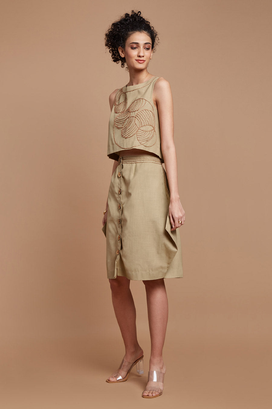 Beige Embroidered Top & Skirt Co-Ord Set