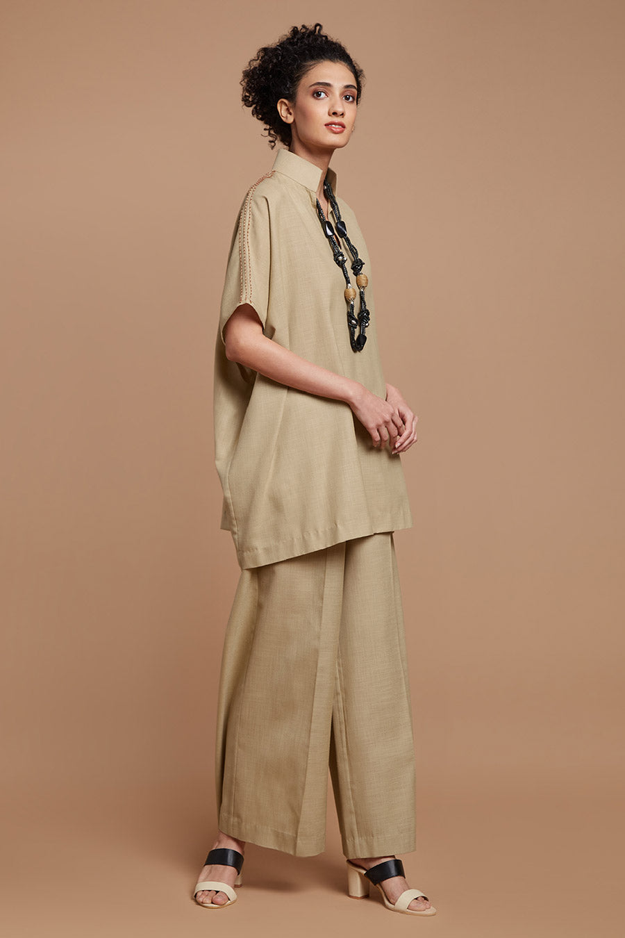 Beige Embroidered Kaftan & Pants Co-Ord Set