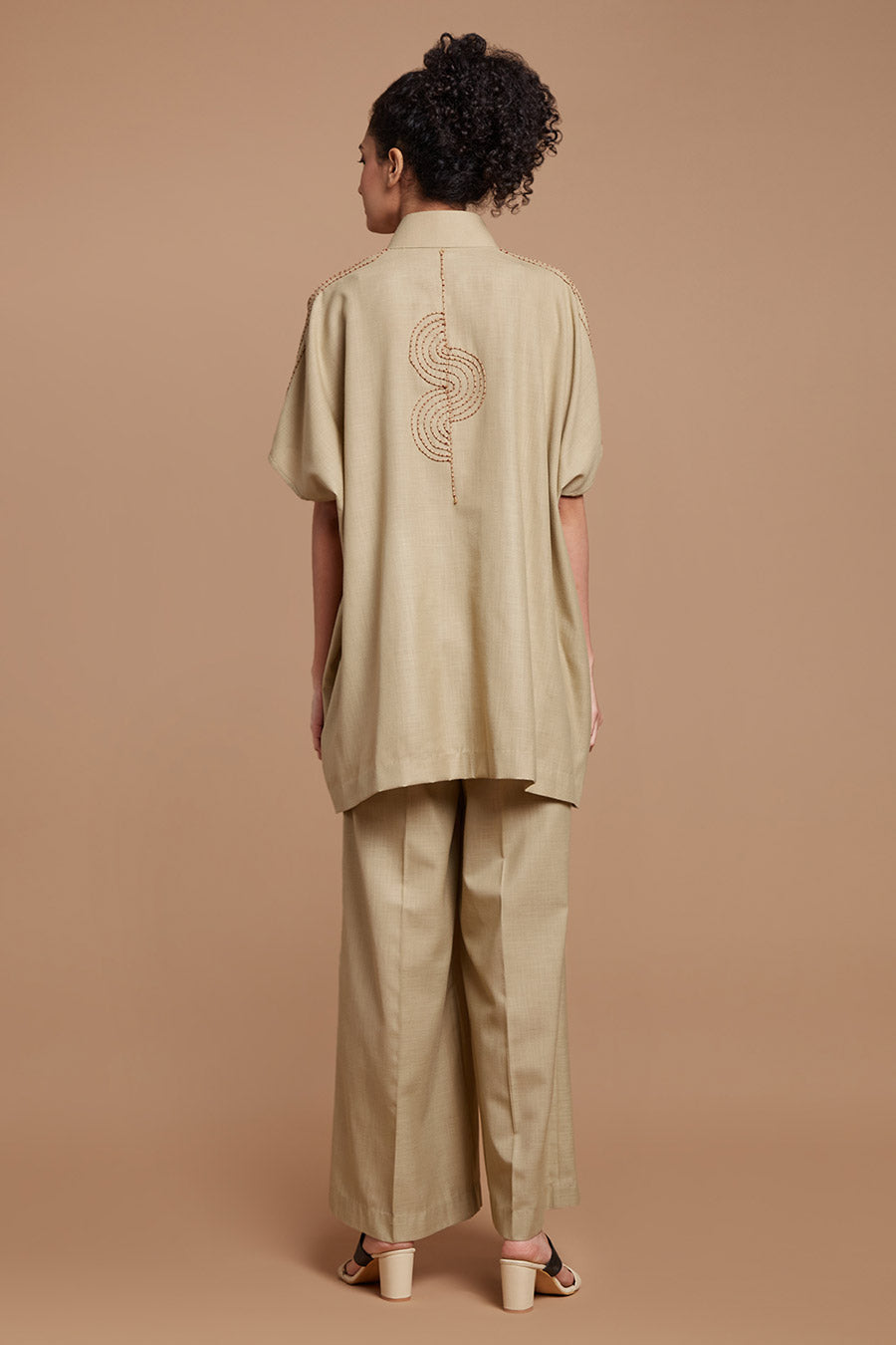 Beige Embroidered Kaftan & Pants Co-Ord Set