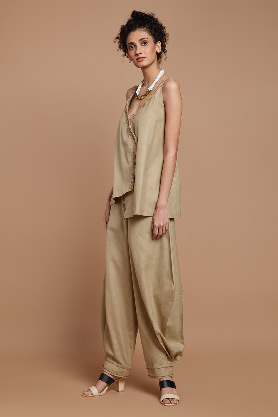 Beige Crossover Top & Baggy Pants Set