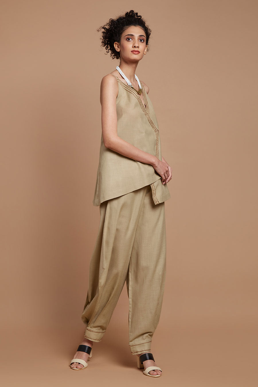 Beige Crossover Top & Baggy Pants Set