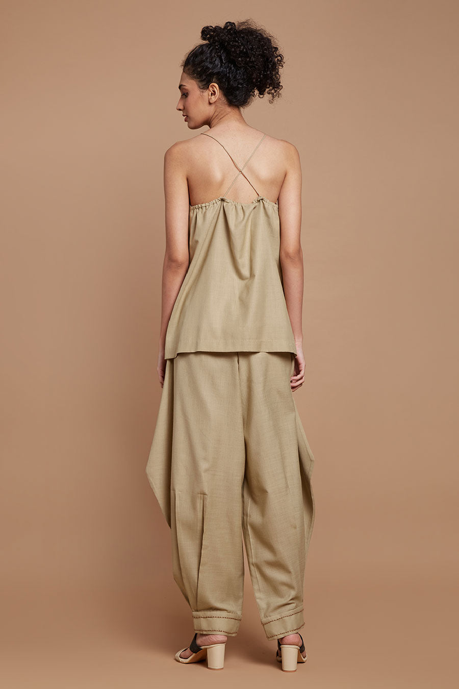 Beige Crossover Top & Baggy Pants Set