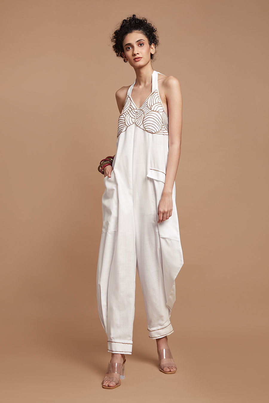 White Halter Neck Baggy Jumpsuit