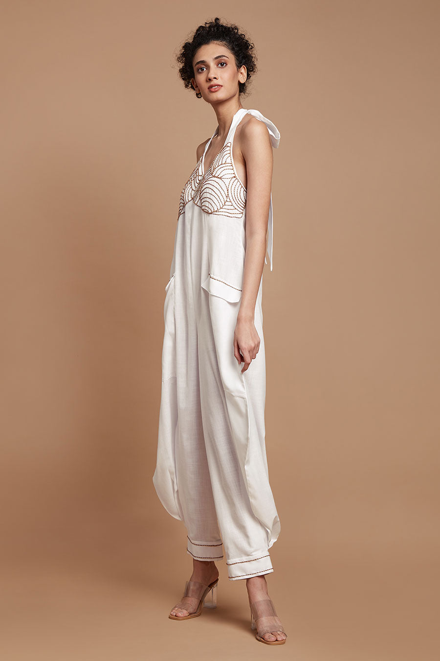 White Halter Neck Baggy Jumpsuit