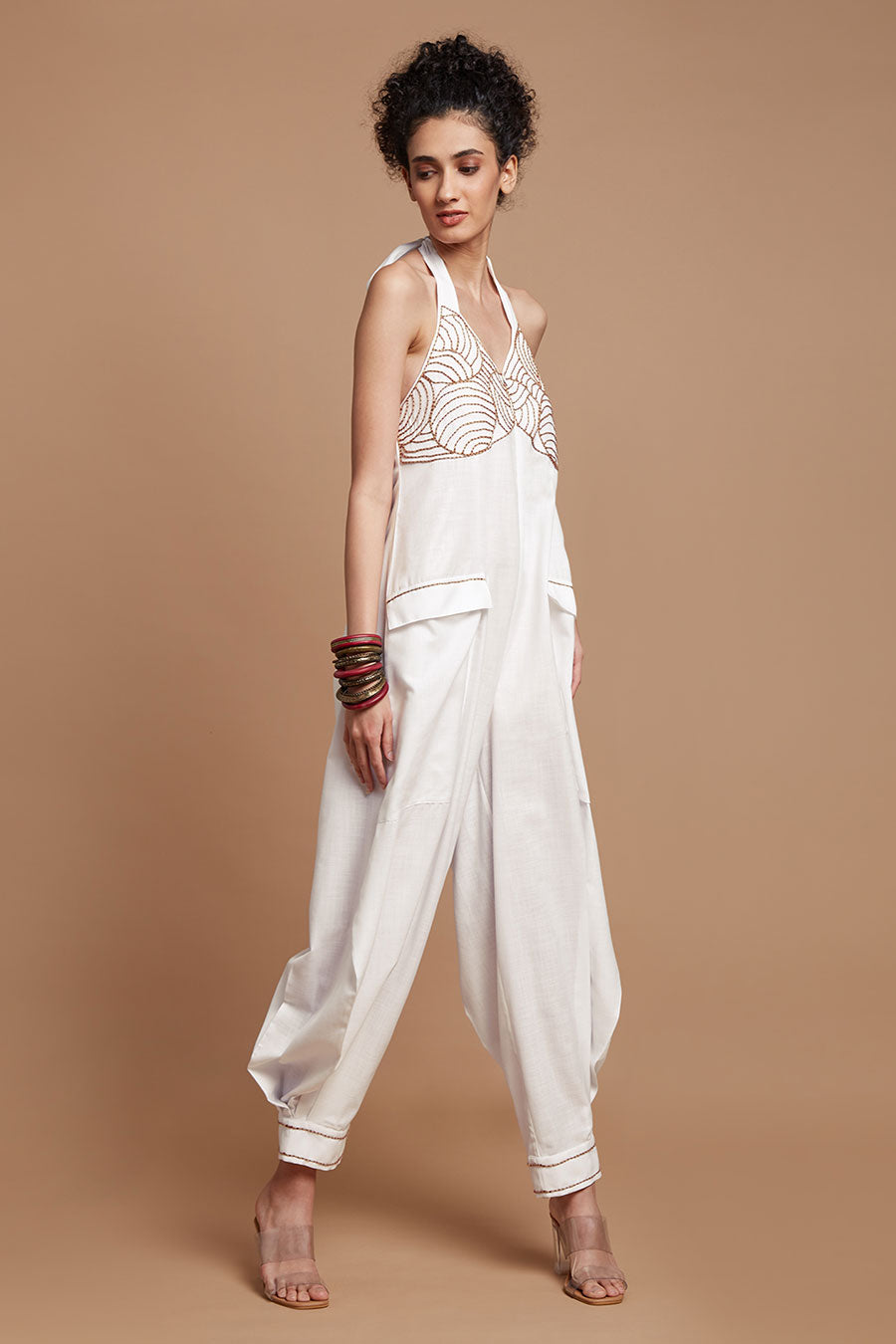 White Halter Neck Baggy Jumpsuit