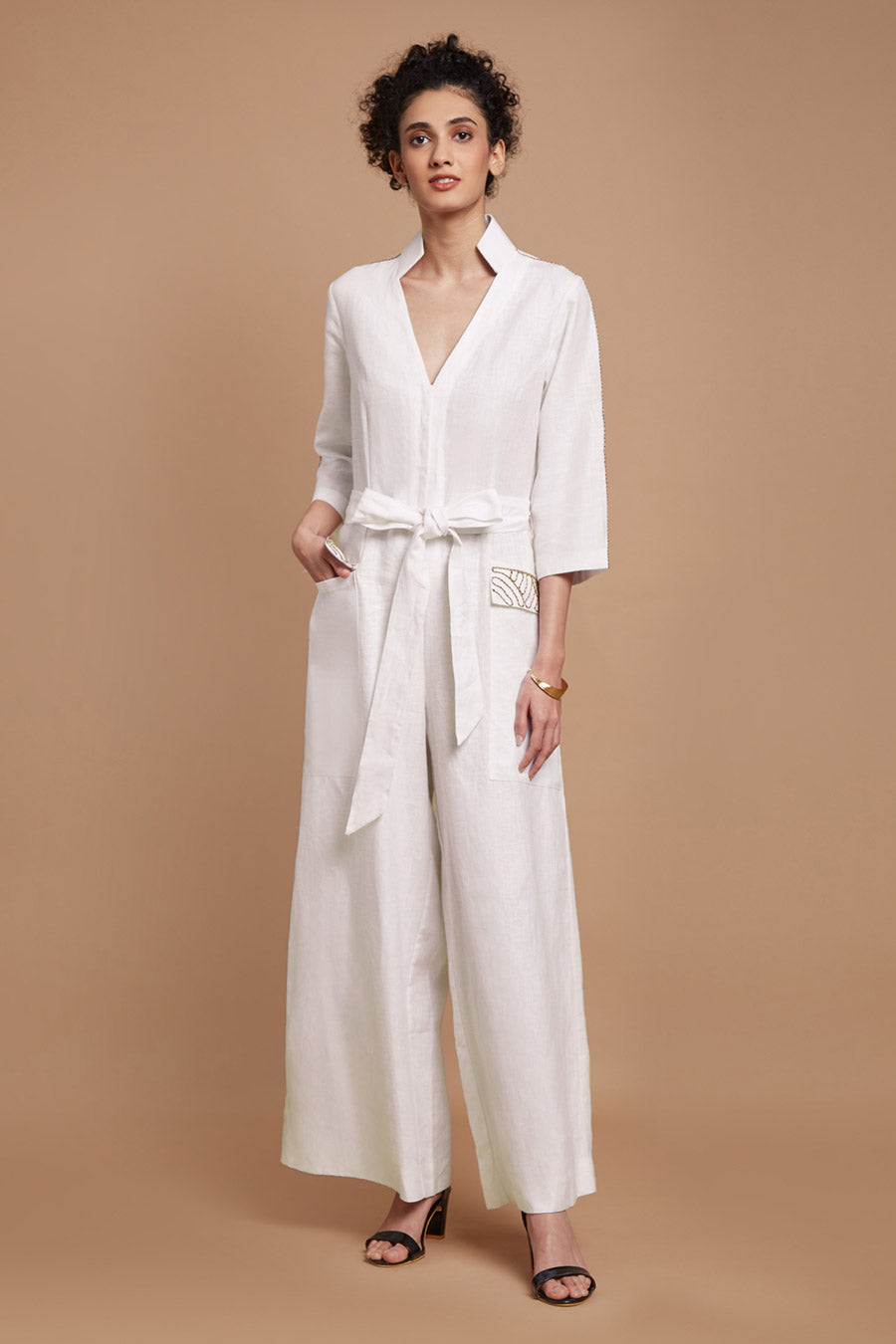 White Embroidered Tie-Up Jumpsuit