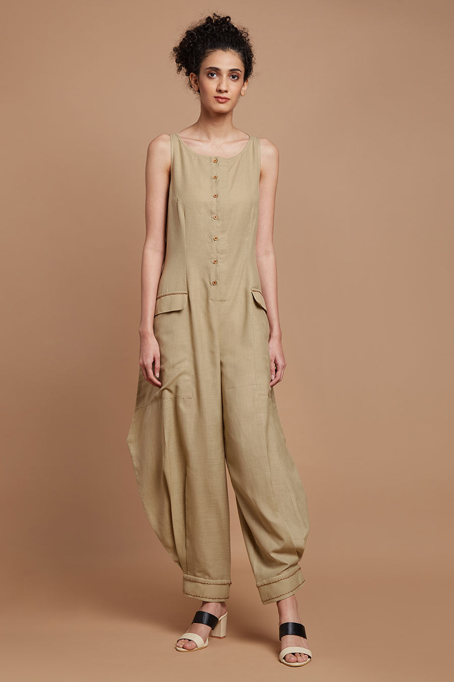 Beige Embroidered Baggy Jumpsuit